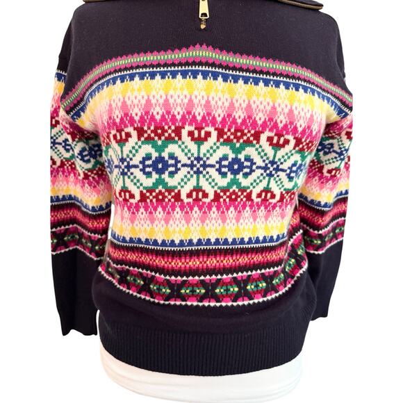 Talbot's Navy Half-Zip Mockneck Sweater Stripe Fair Isle Sp Preppy Nordic Wool - Picture 6 of 9